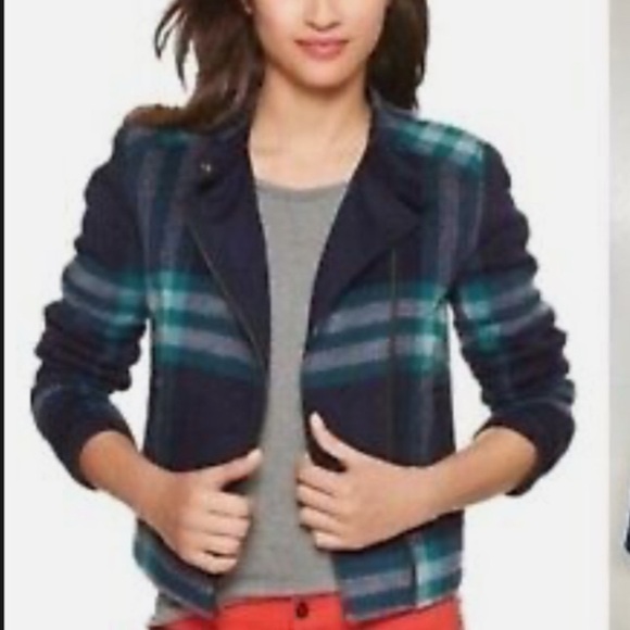 GAP | Blue & Green Plaid Short Cropped Wool Blend Moto Jacket, Size S - Picture 15 of 15